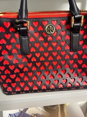Tory Burch Black Tote with Red Heart Cutouts